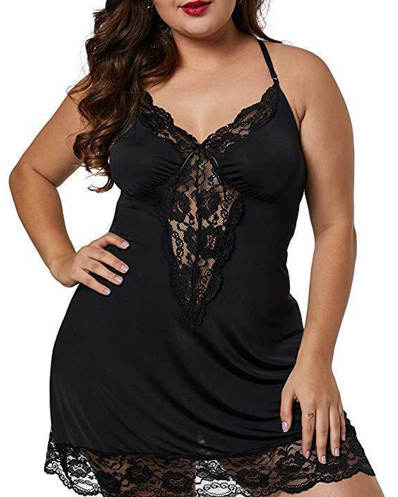 Camisón Talla Grande Satinado con Encaje en Contraste