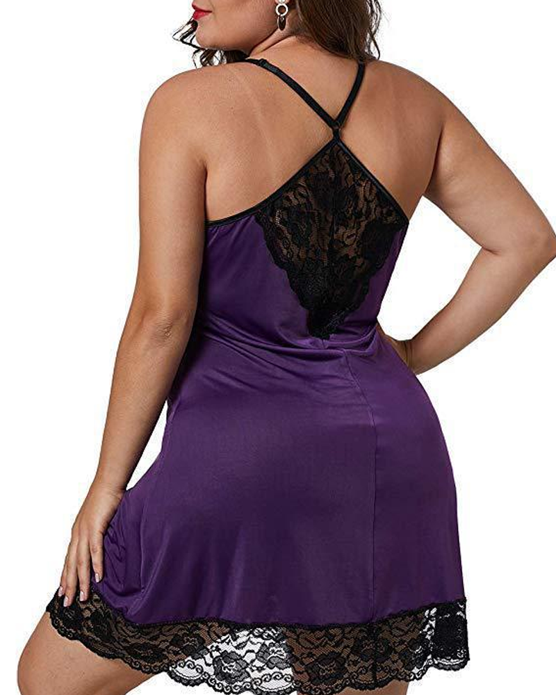 Camisón Talla Grande Satinado con Encaje en Contraste