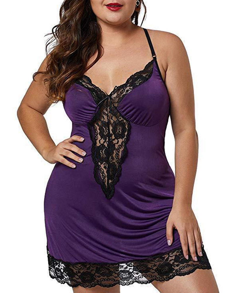 Camisón Talla Grande Satinado con Encaje en Contraste