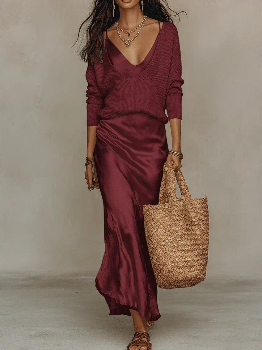 Elena - Vestido midi satinado con jersey incluido