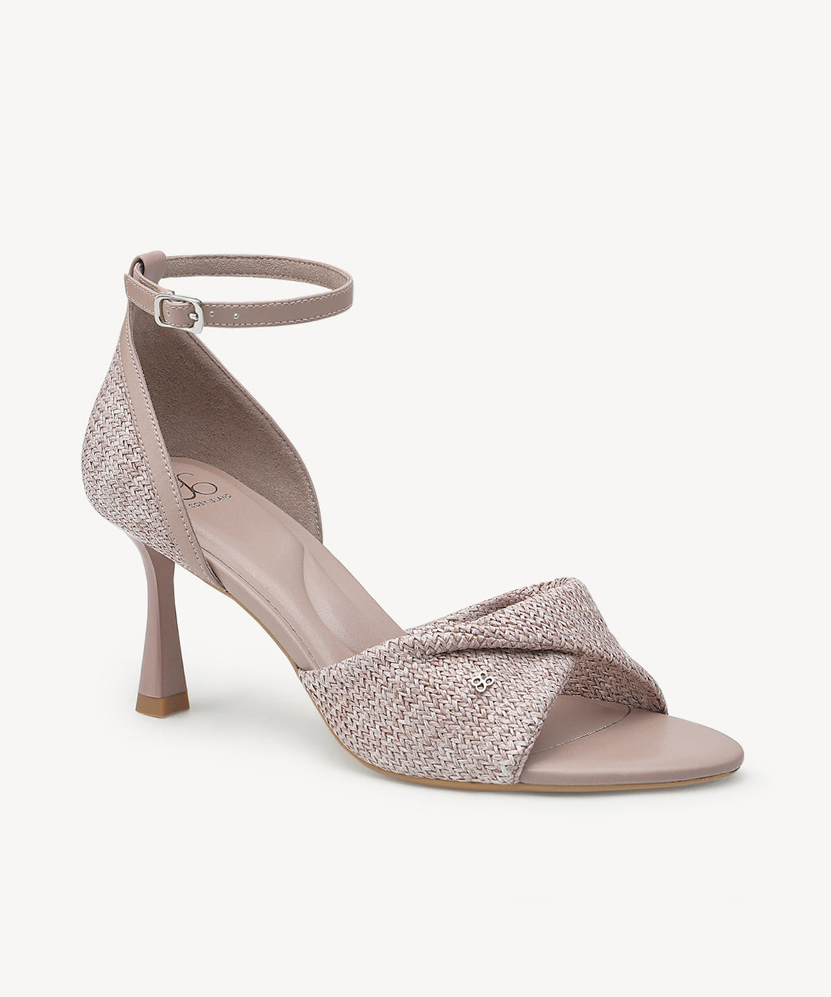 RaffiaGleam Ankle Strap Round Toe Heeled Sandal