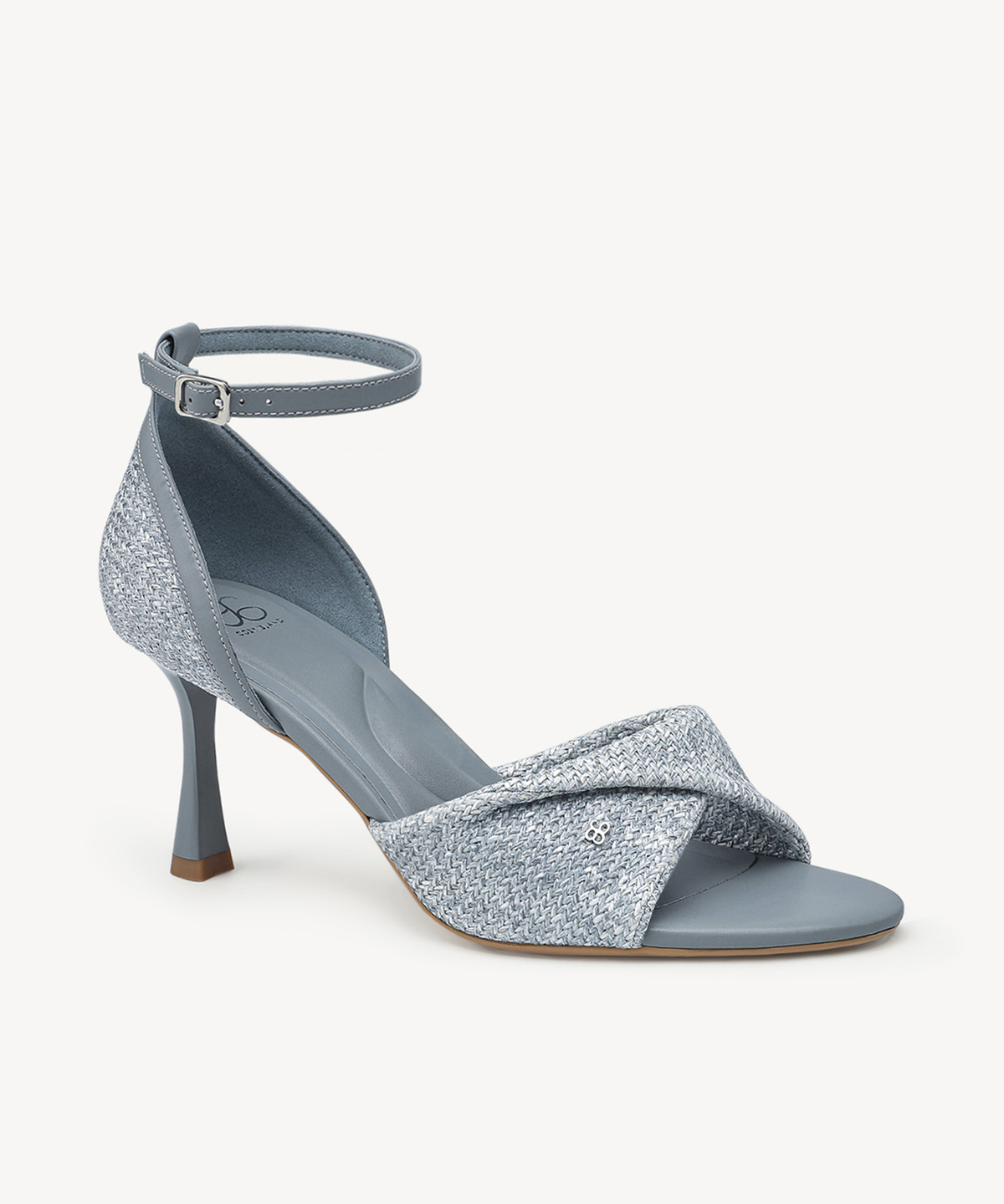 RaffiaGleam Ankle Strap Round Toe Heeled Sandal