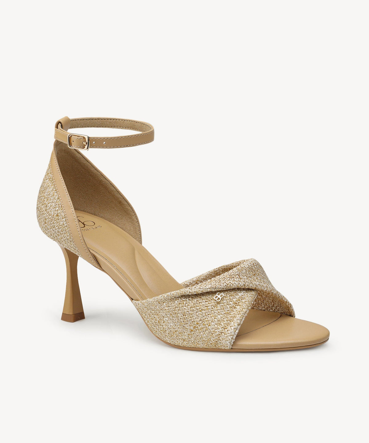 RaffiaGleam Ankle Strap Round Toe Heeled Sandal