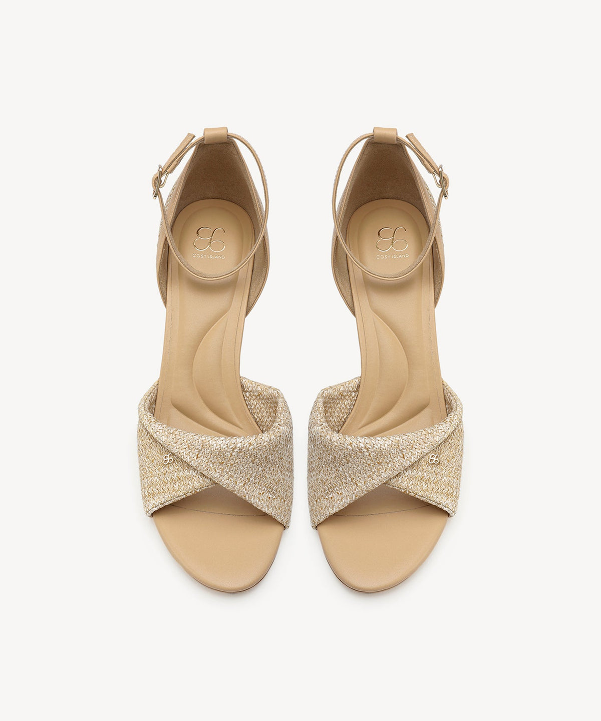 RaffiaGleam Ankle Strap Round Toe Heeled Sandal