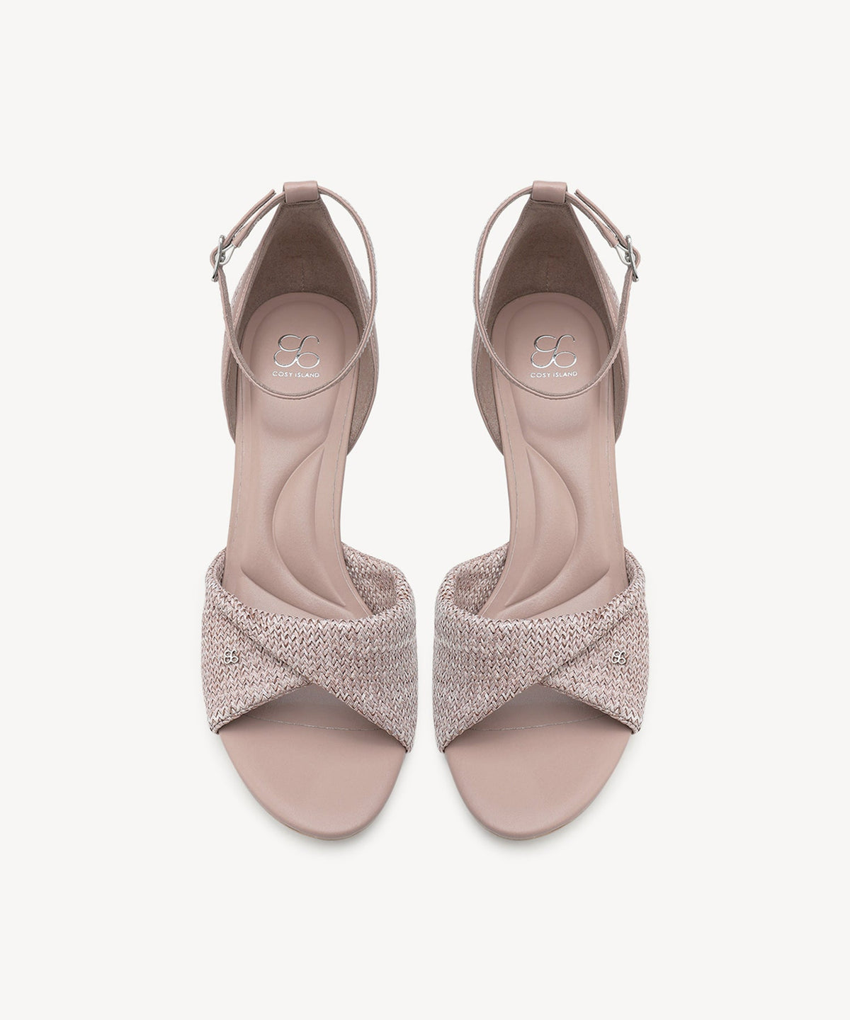 RaffiaGleam Ankle Strap Round Toe Heeled Sandal