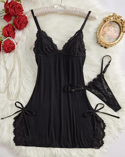 Conjunto de Camisón de Encaje Bicolor con Lazo y Tanga