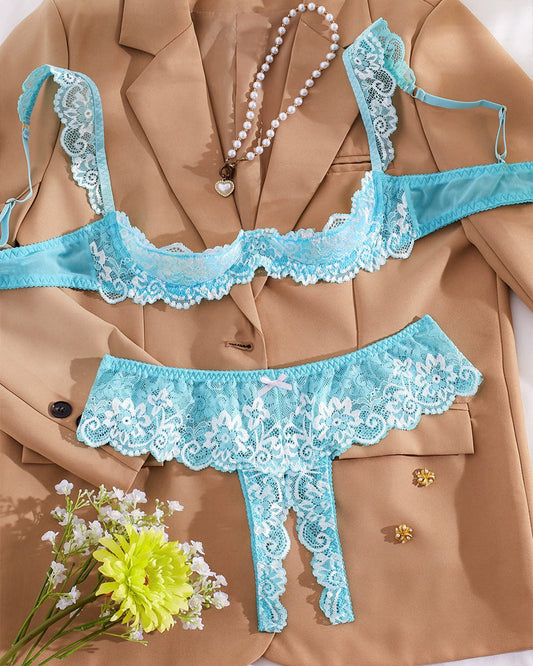 Conjunto de Sujetador y Braguita de Encaje y Malla con Calados