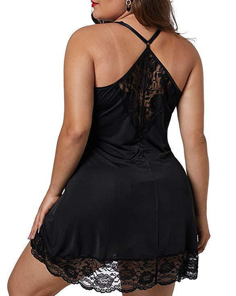 Camisón Talla Grande Satinado con Encaje en Contraste
