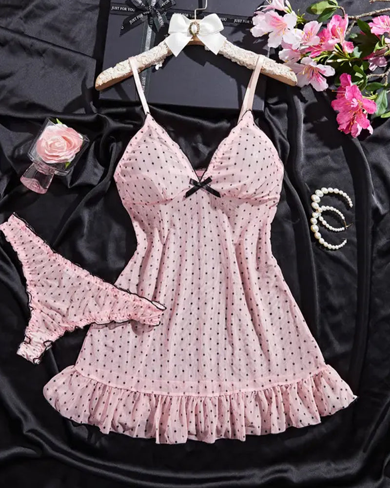Conjunto de Camisón de Tirantes Semitransparente de Lunares con Escote en V