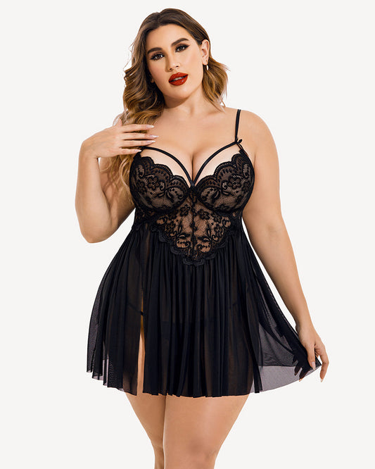 Babydoll de Encaje con Escote en V y Abertura, Tallas Grandes