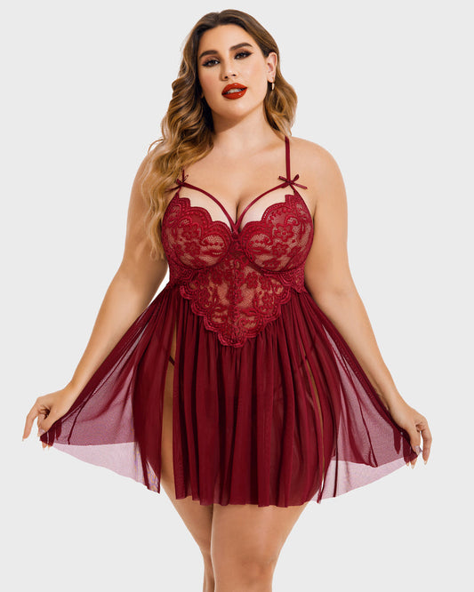 Camisón de Encaje con Corazones y Abertura, Tallas Grandes