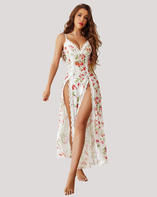 Camisón de Encaje y Malla con Aberturas Laterales