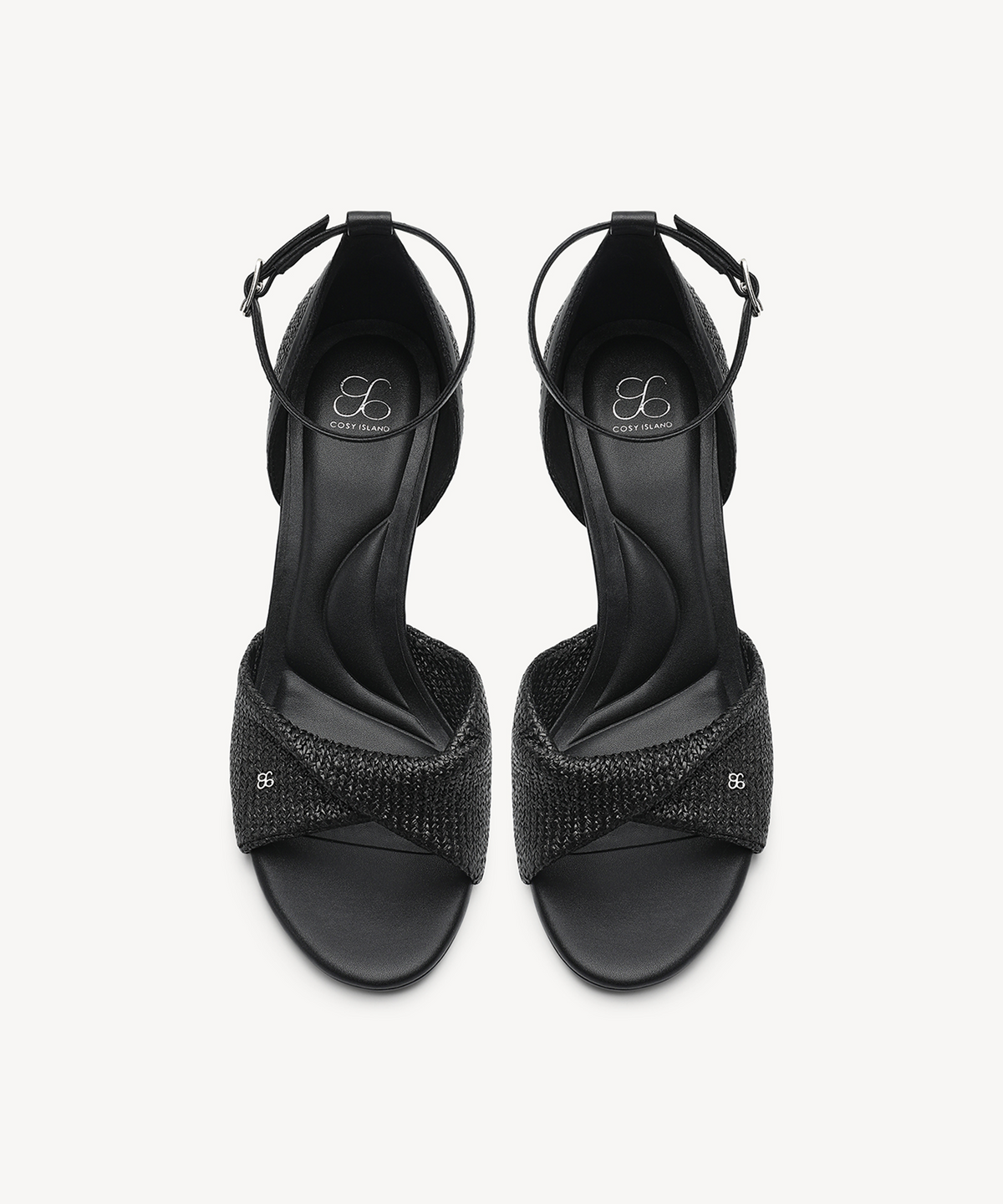 RaffiaGleam Ankle Strap Round Toe Heeled Sandal