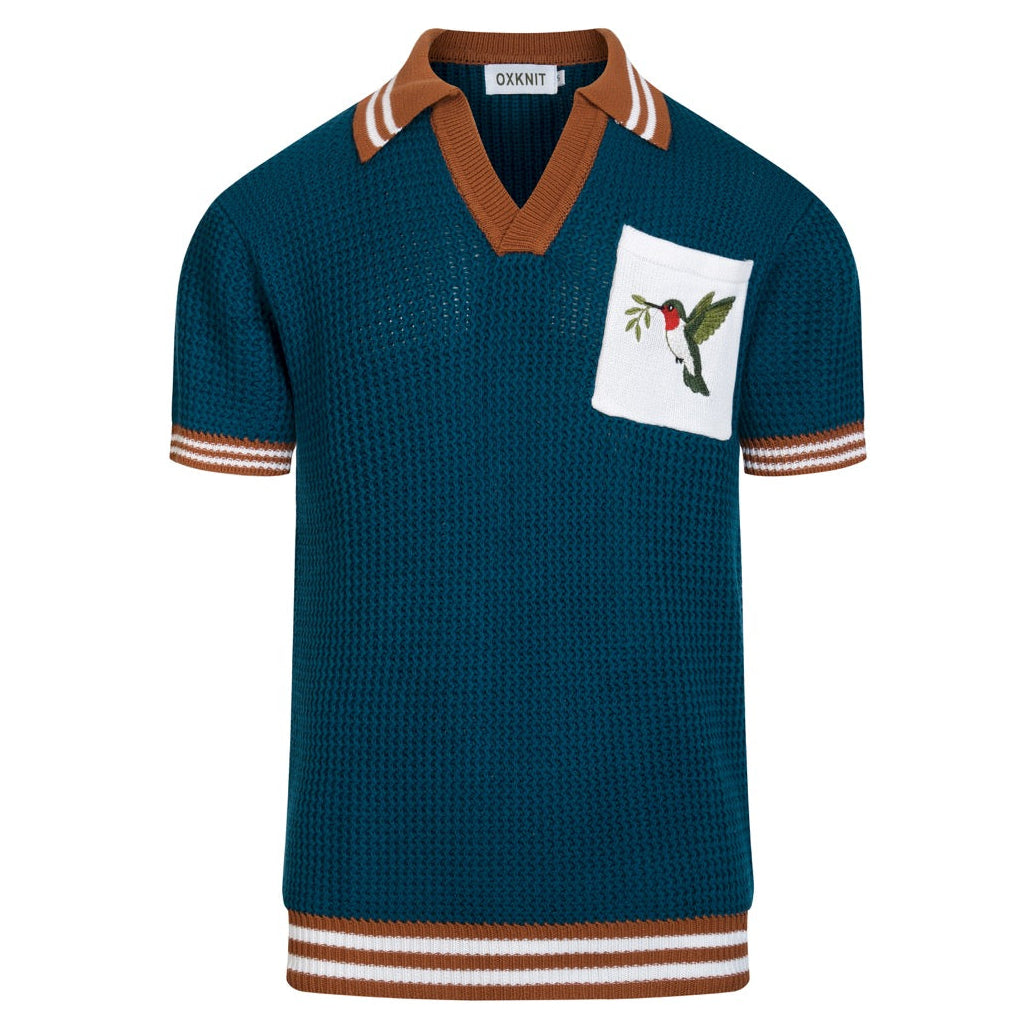 Men's Blue Vintage Hummingbird Embroidery Art Polo Knit Shirt
