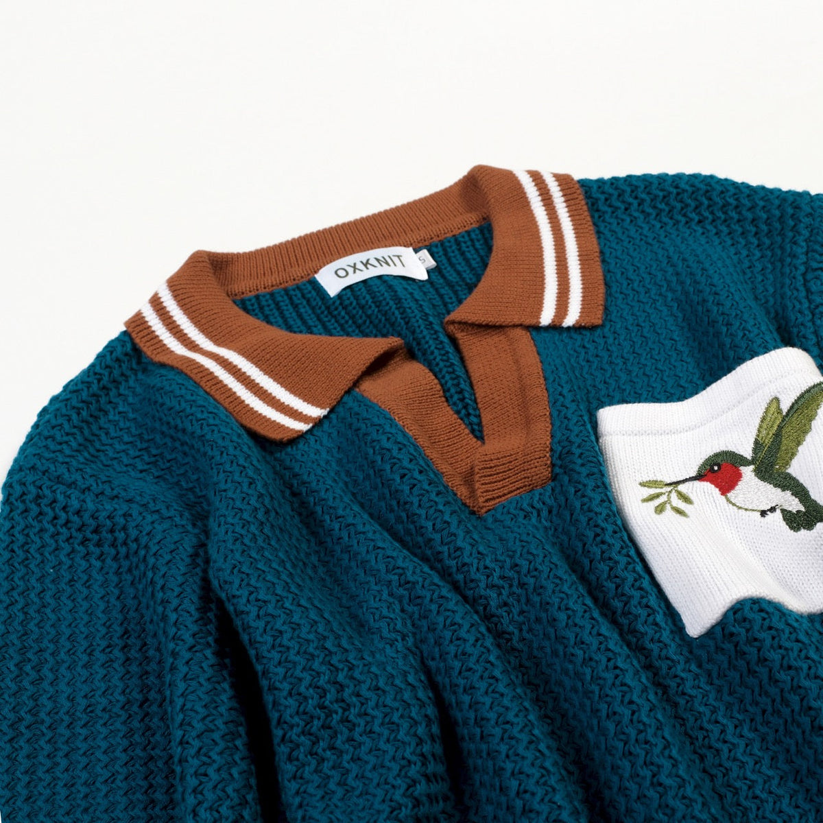 Men's Blue Vintage Hummingbird Embroidery Art Polo Knit Shirt
