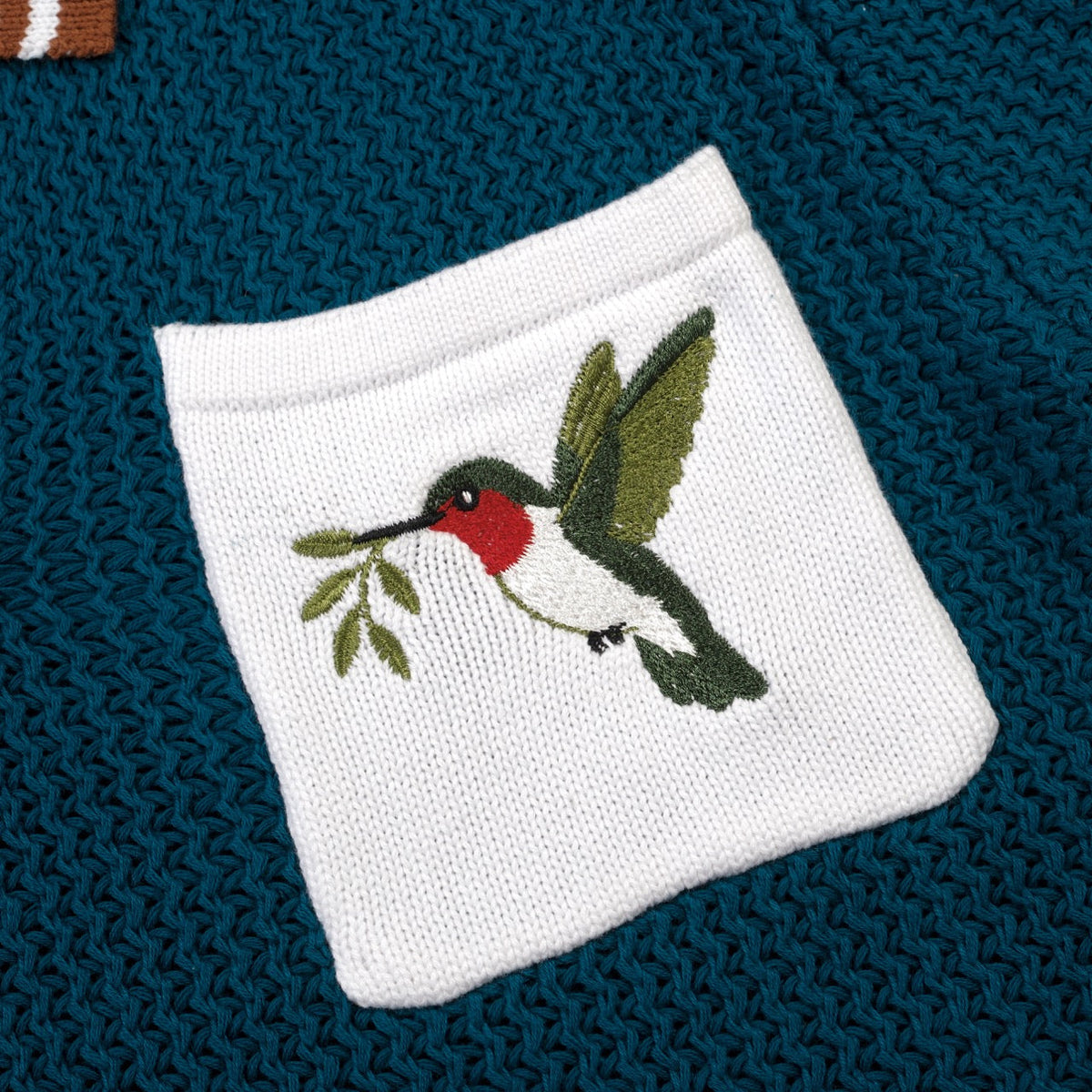 Men's Blue Vintage Hummingbird Embroidery Art Polo Knit Shirt