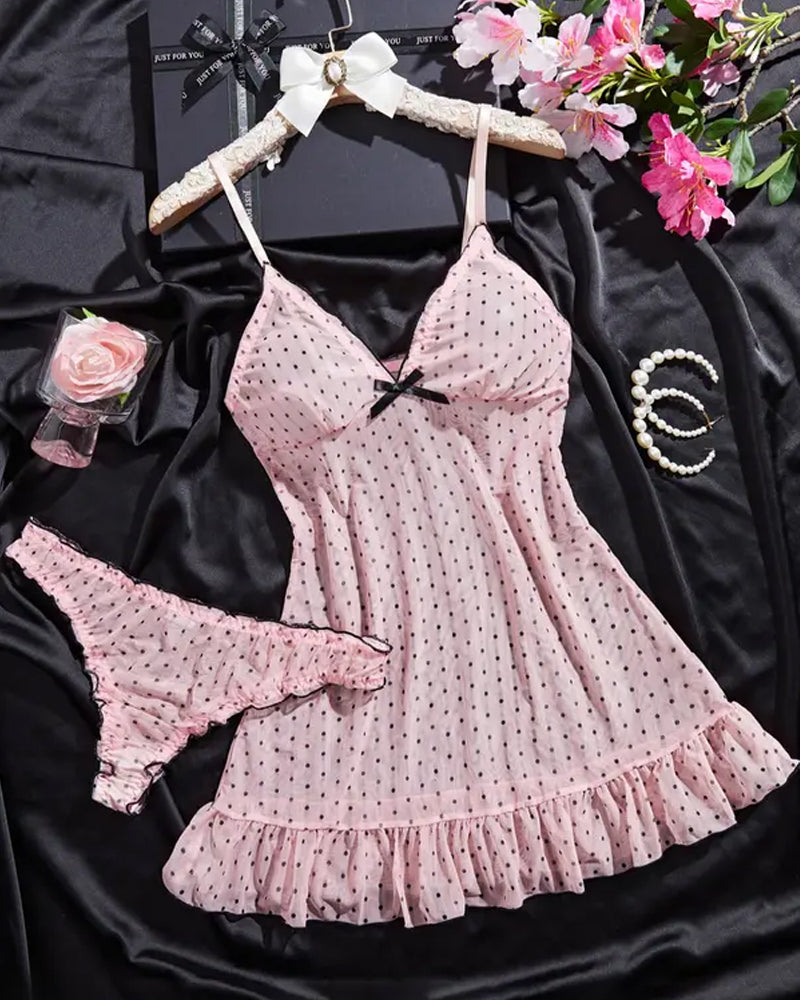 Conjunto de Camisón de Tirantes Semitransparente de Lunares con Escote en V