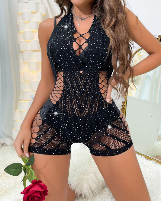 Body de Rejilla con Strass, Cuello Halter y Espalda Abierta