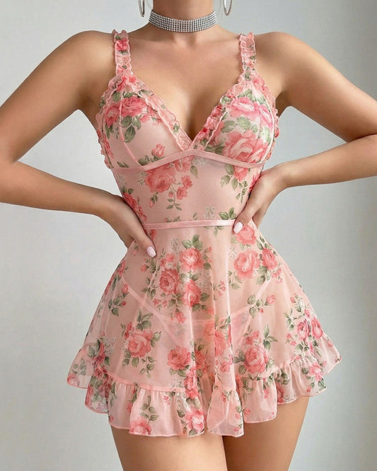 Camisón de Malla Transparente Floral con Escote en V y Volantes