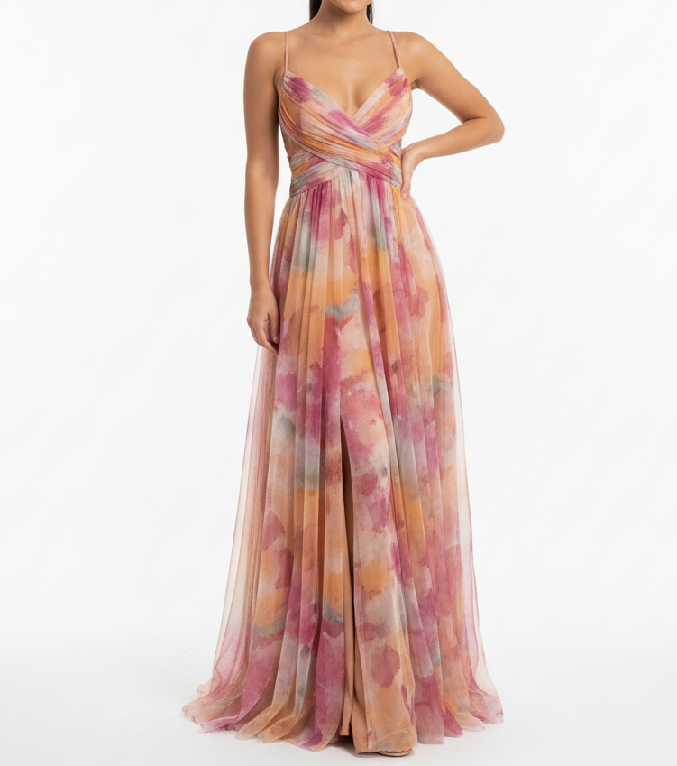 Coral Muse-Encantador vestido largo con estampado floral