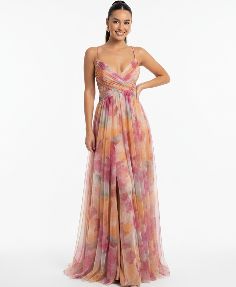 Coral Muse-Encantador vestido largo con estampado floral