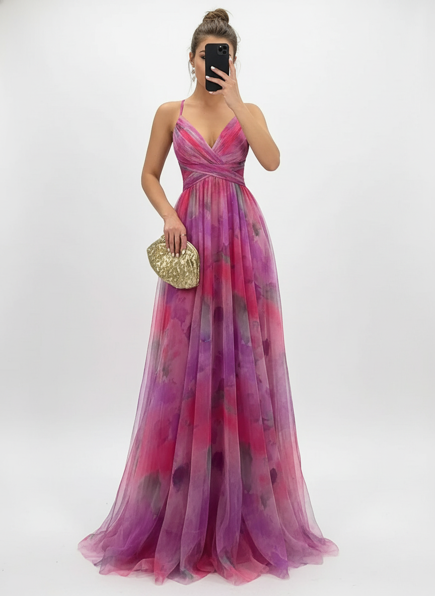 Coral Muse-Encantador vestido largo con estampado floral