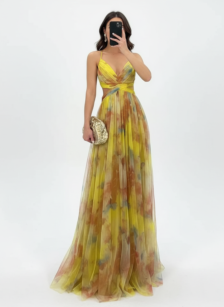 Coral Muse-Encantador vestido largo con estampado floral