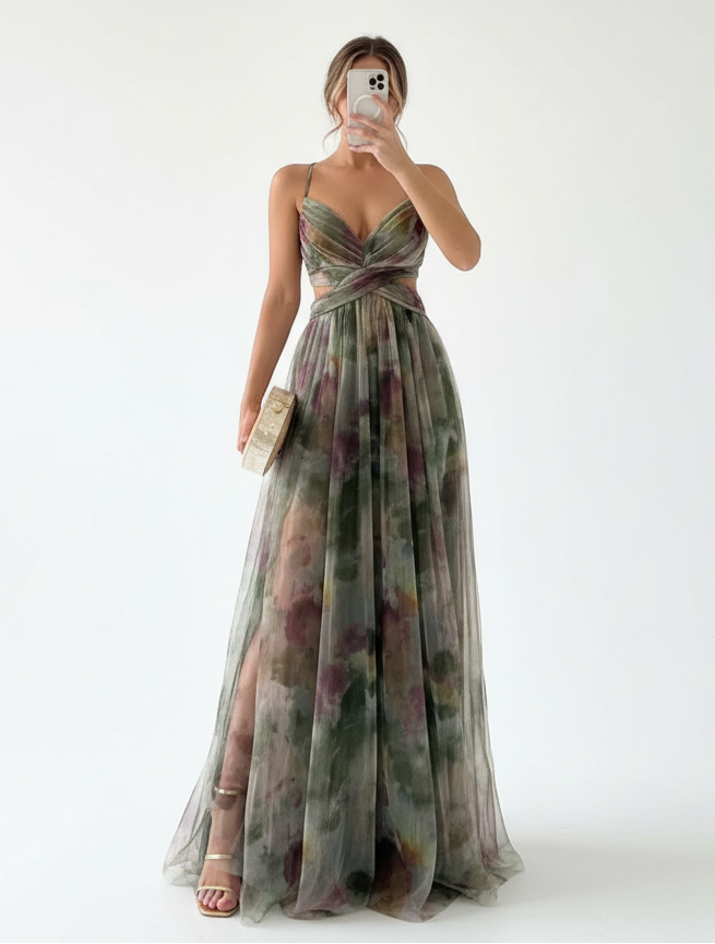 Coral Muse-Encantador vestido largo con estampado floral