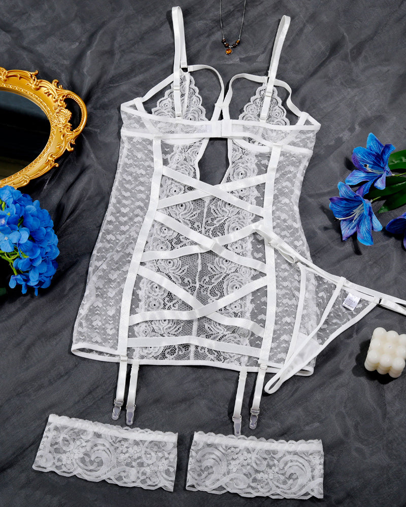 Conjunto de Camisón de Encaje Calado y Malla Transparente