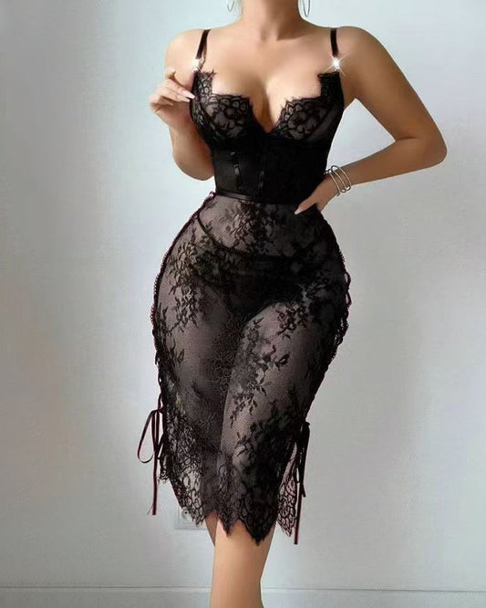 Vestido Largo de Tirantes de Encaje Floral Transparente con Tiras Laterales