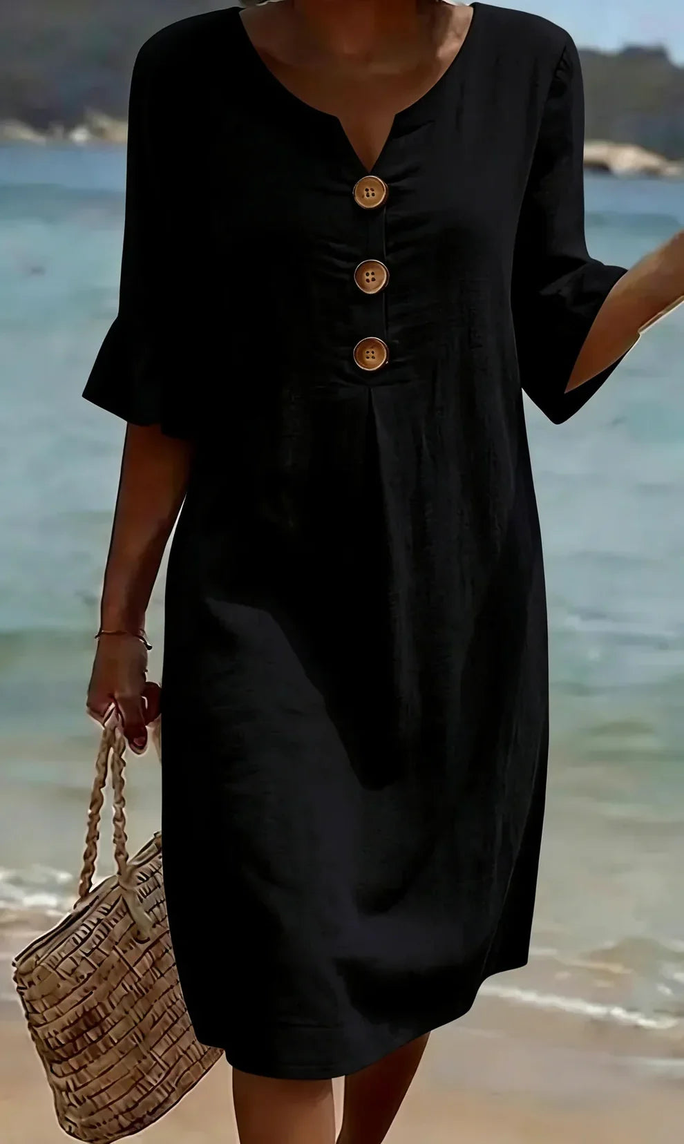 Vanesa | Vestido con textura de lino con manga abullonada y botones